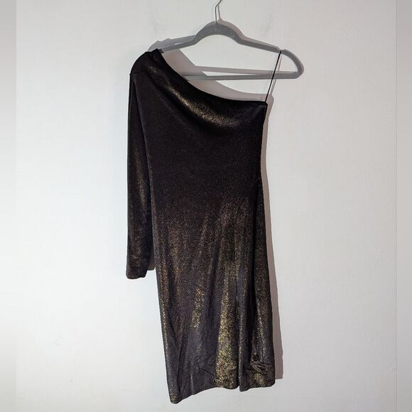 Flounce London One Shoulder Black Gold Shimmery Drapey Midi Dress Women's Size 6 - Picture 1 of 7